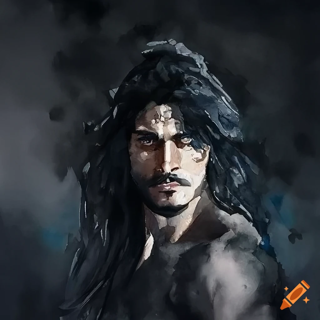 detailed watercolor portrait of a muscular man with long black hair