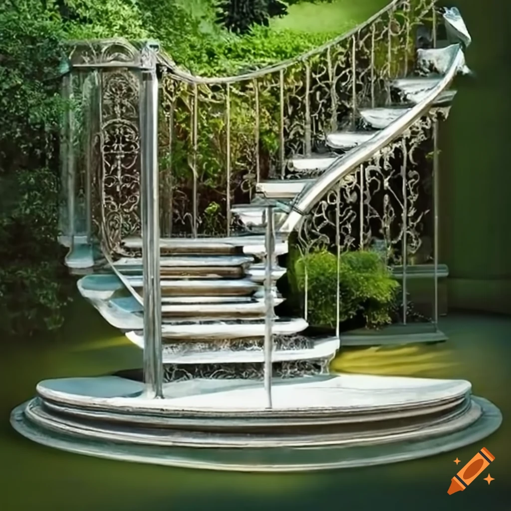 curved silver stairs in a garden leading to a balcony