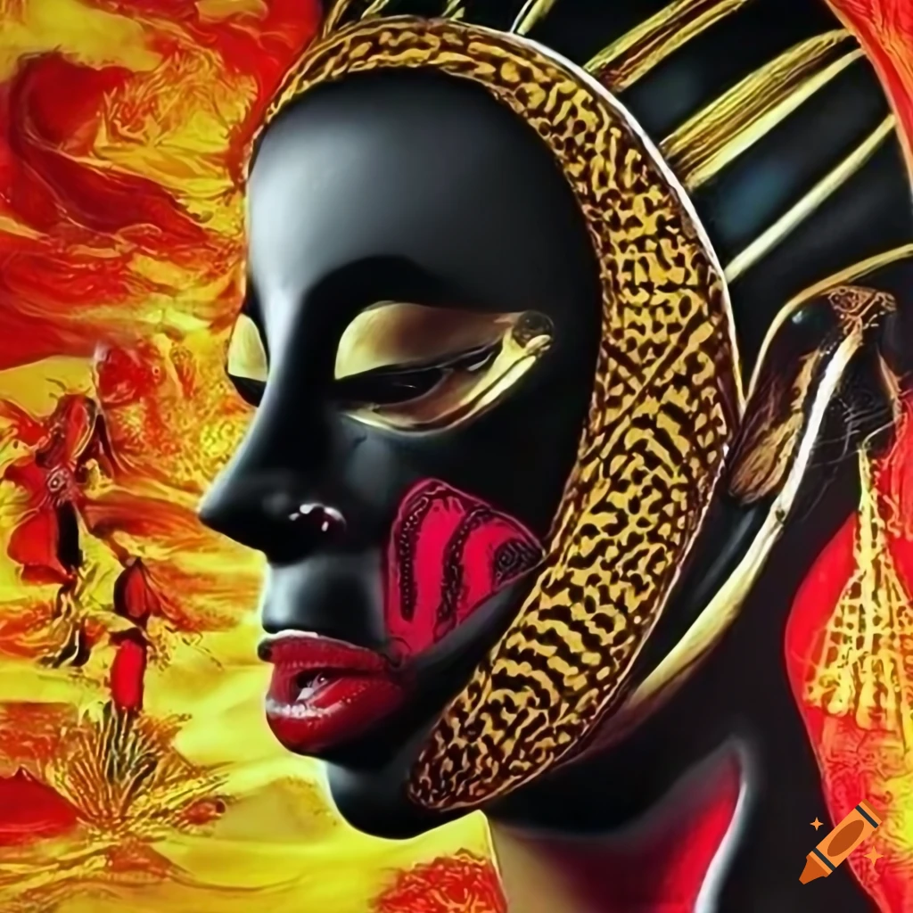 surreal African art with gold, black, red and yellow