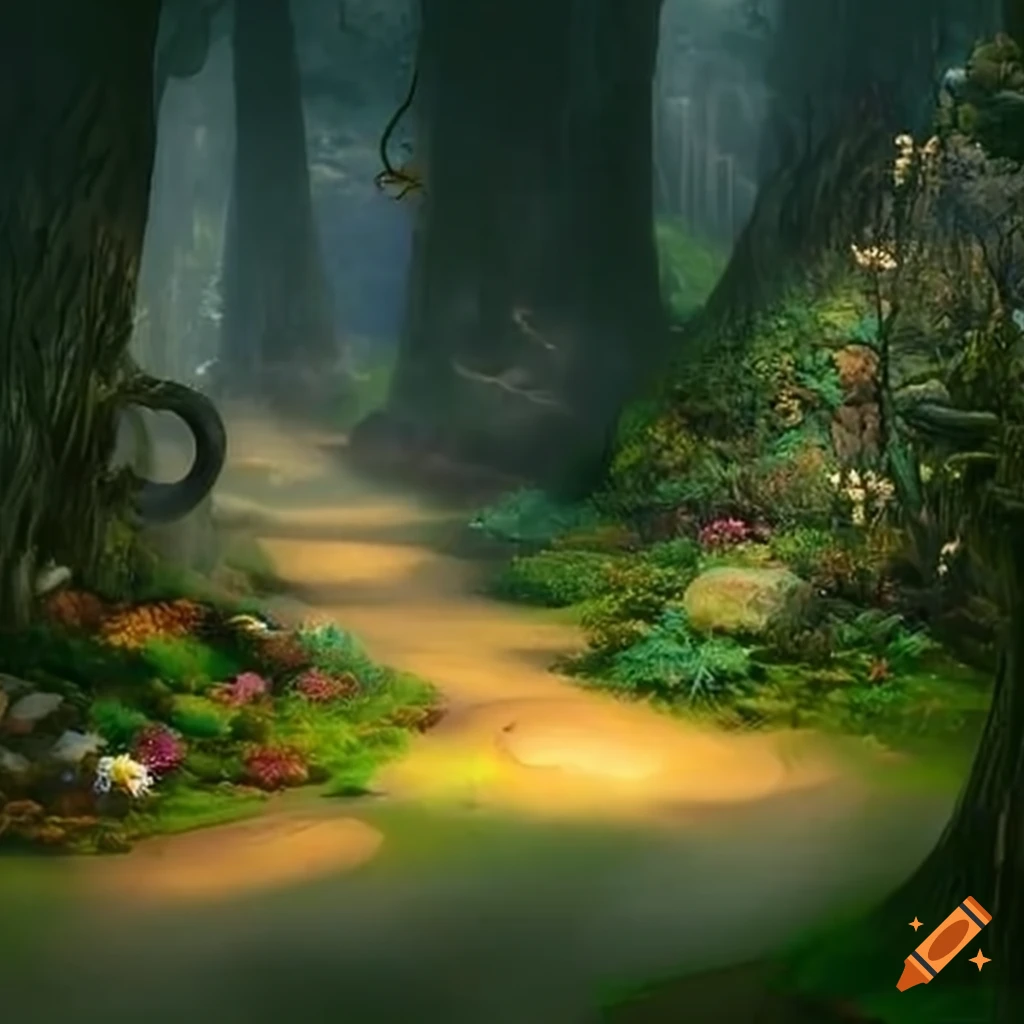 sandy path through a blooming garden in a fantasy world