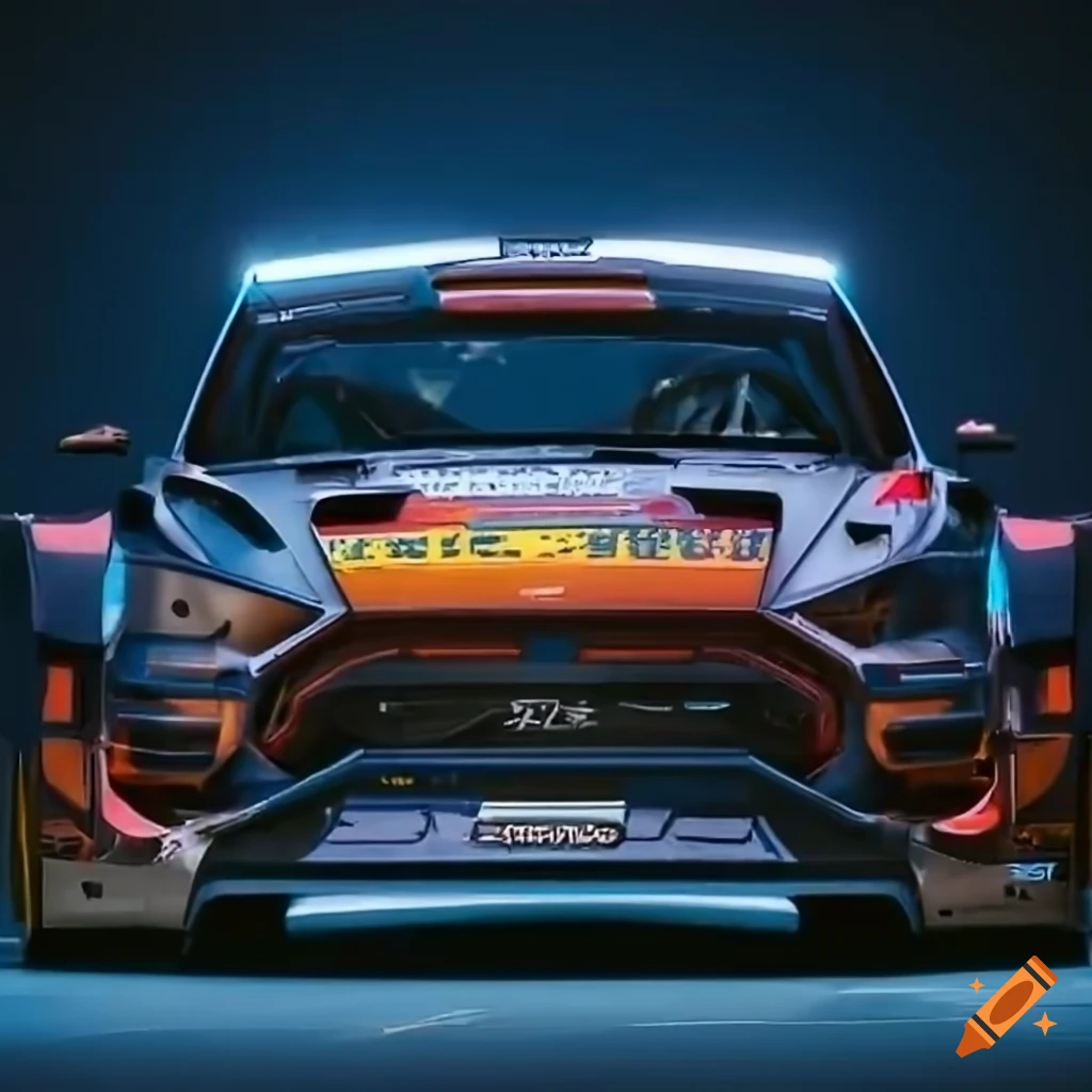 cyberpunk style WRC car in a studio