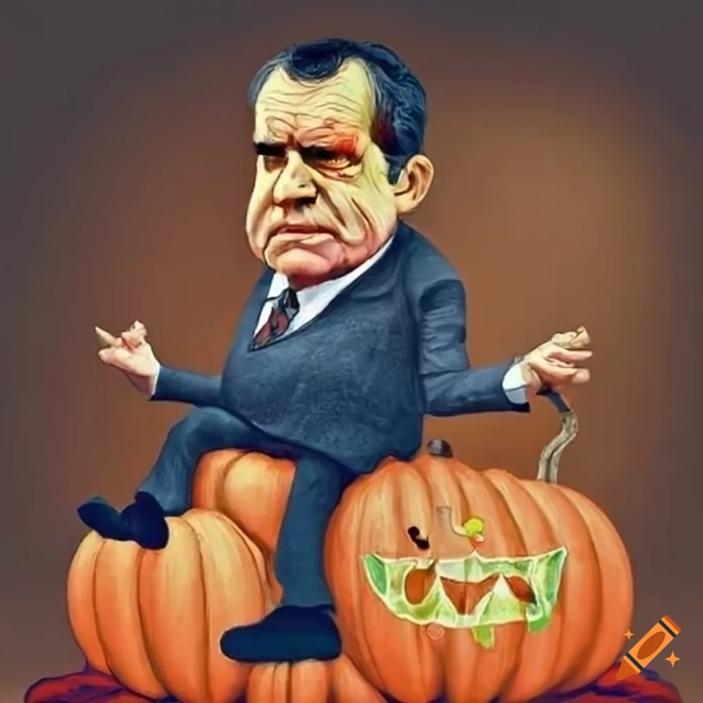 Humorous artwork of richard nixon riding a pumpkin on craiyon