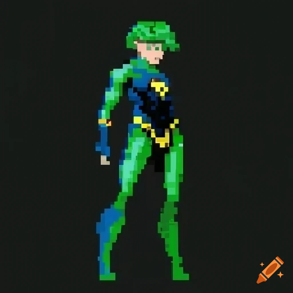 Highly pixelated public domain superhero, glitchy green background