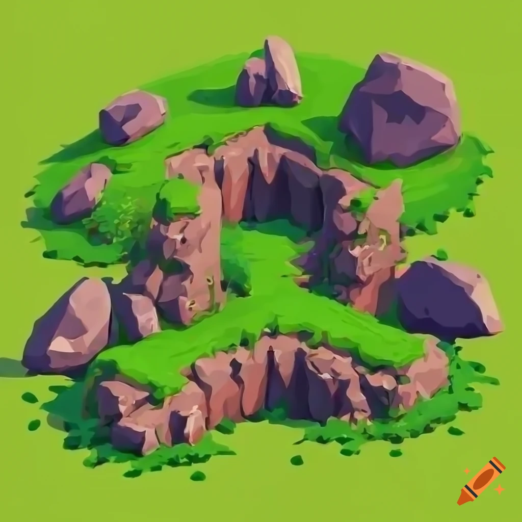 isometric-view-of-a-grassland-with-path-and-rocks