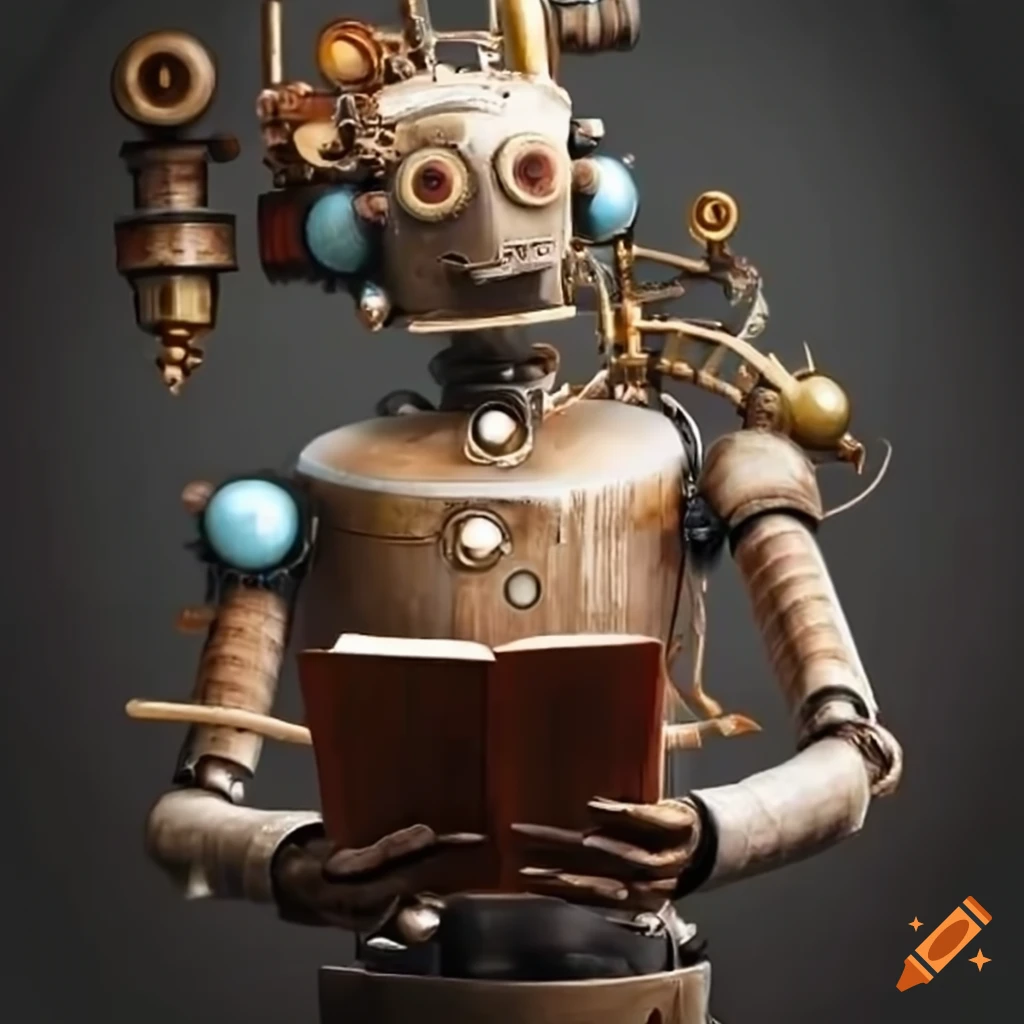 steampunk robot reading a book