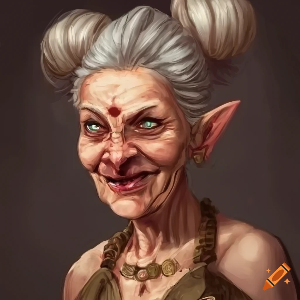 Old woman with tiefling features wearing a tattered brown robe on Craiyon