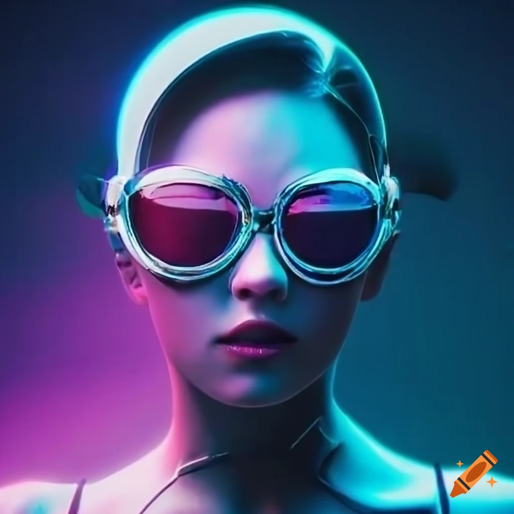Futuristic female model with code glitch and swim goggles