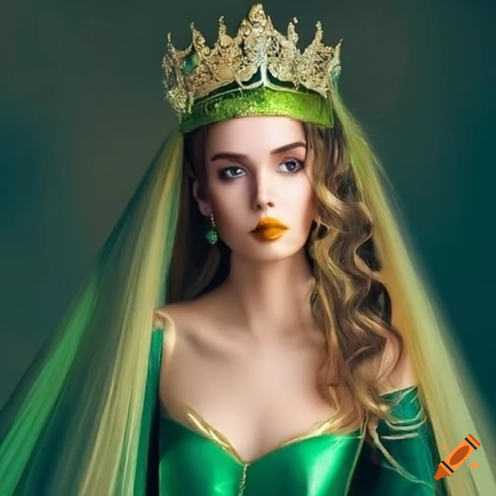 Young queen in a long green and gold dress