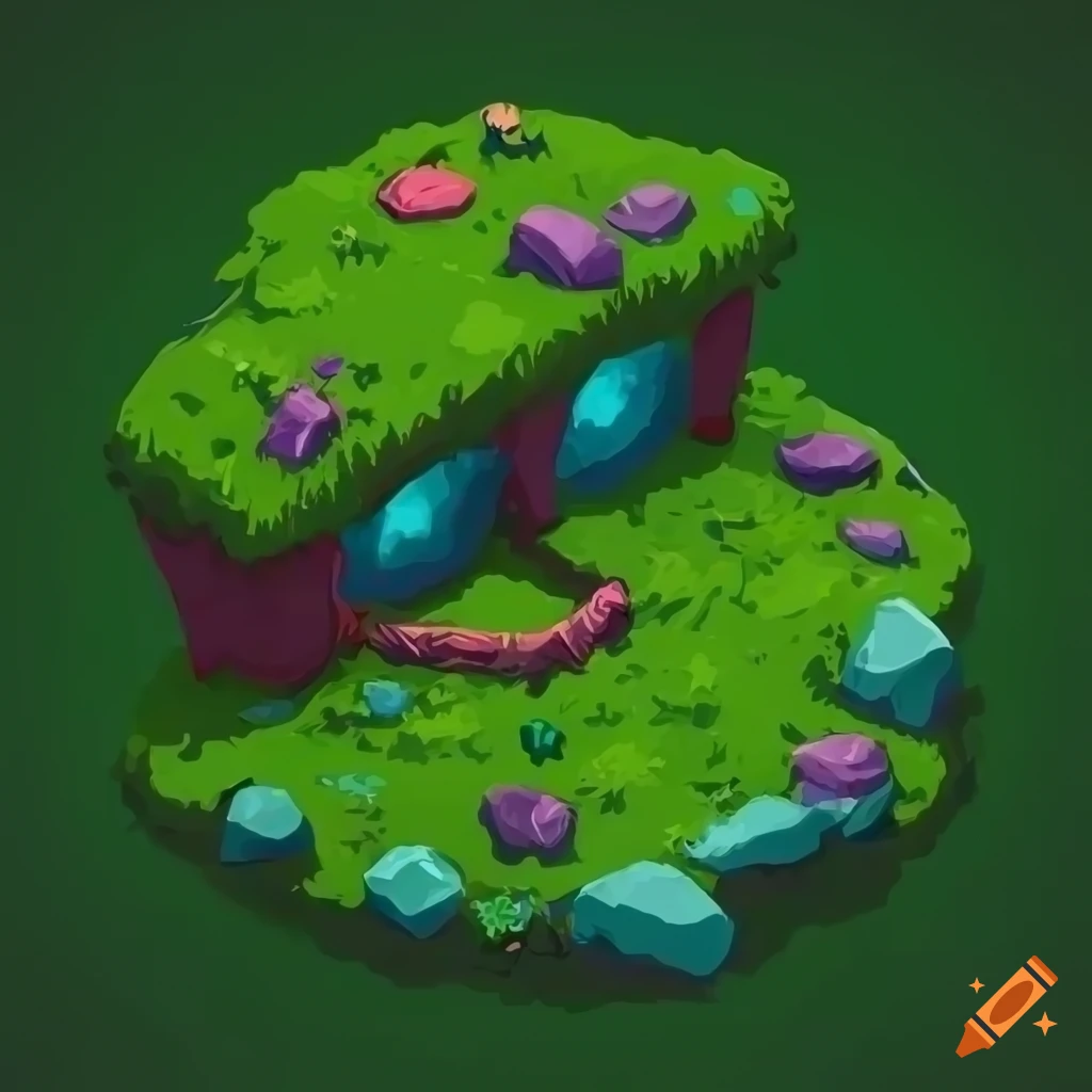 artistic isometric video game landscape with path and rocks