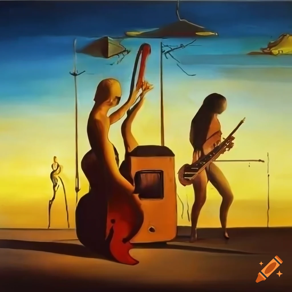 Salvador Dali painting of musicians playing instruments at sunset
