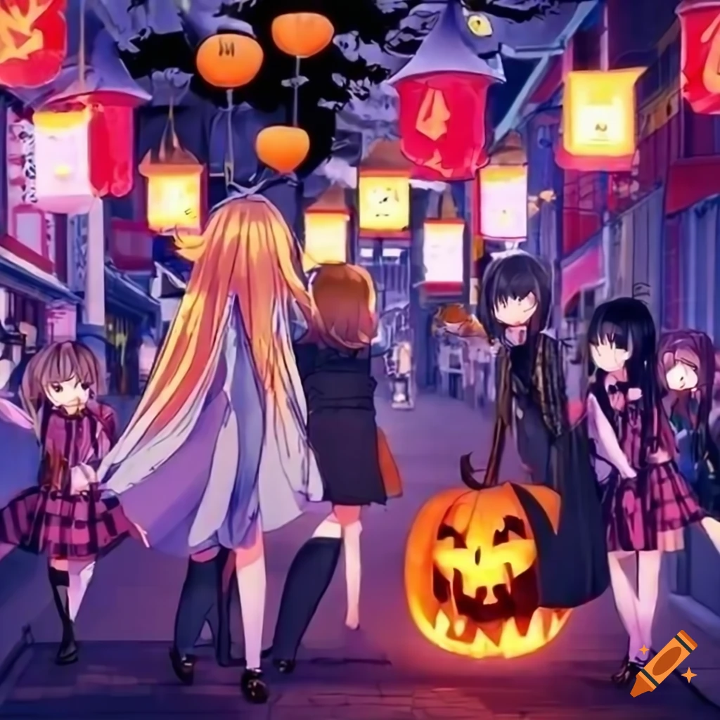 Anime girls making halloween decorations in a crowded shopping street