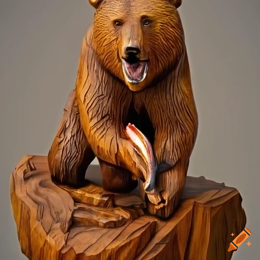 wood carving of a grizzly bear catching a salmon