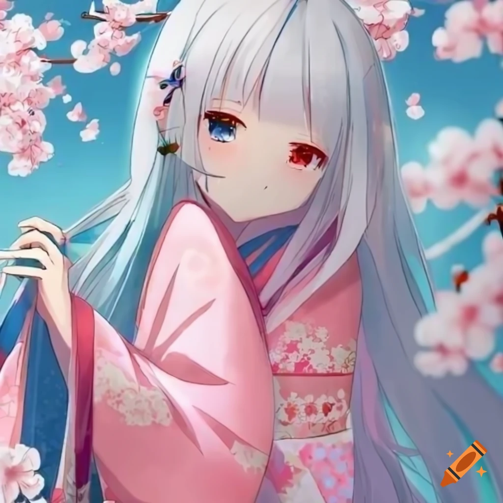 anime girl in pink kimono with cherry blossom background