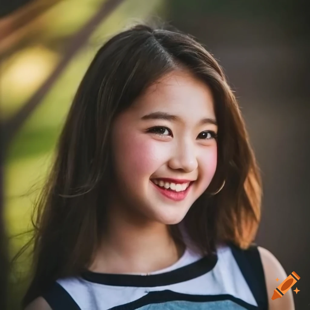Photorealistic portrait of a cheerful and beautiful 17-year-old idol