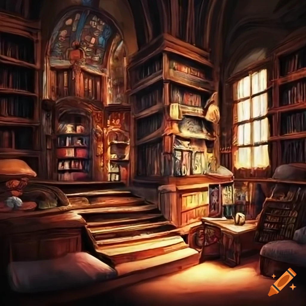 Cozy fantasy library on Craiyon