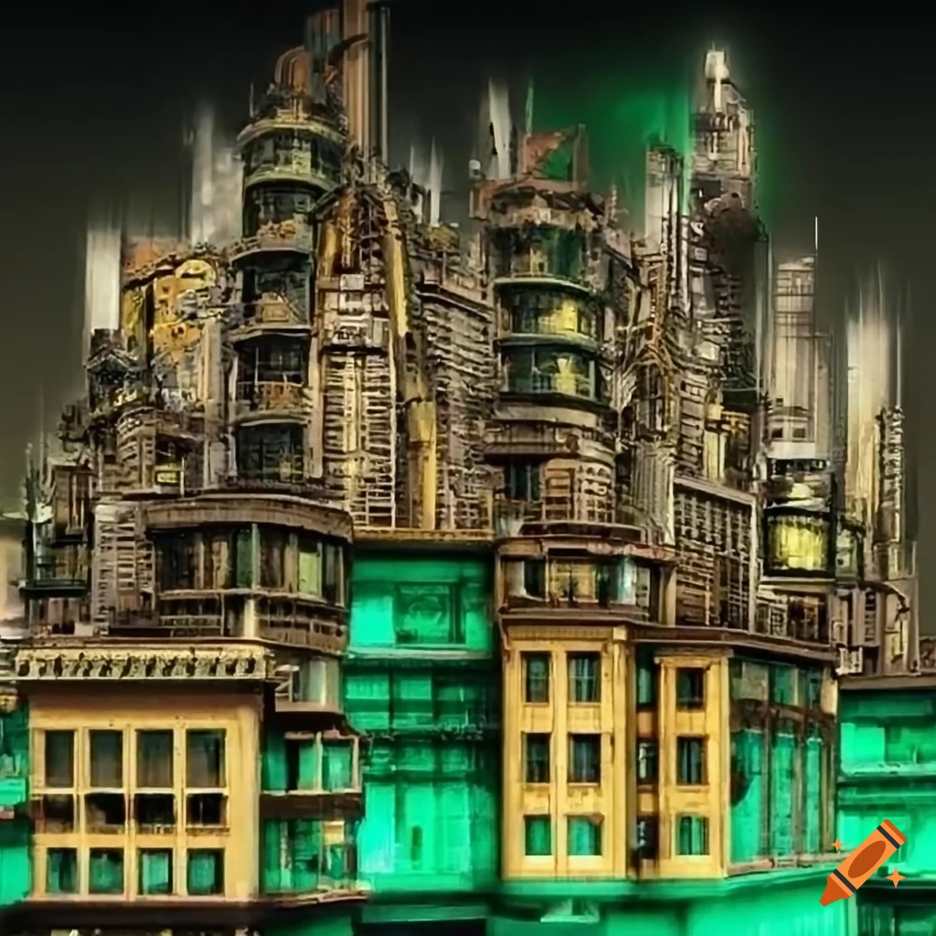 Golden Red And Green Steampunk Cityscape On Craiyon