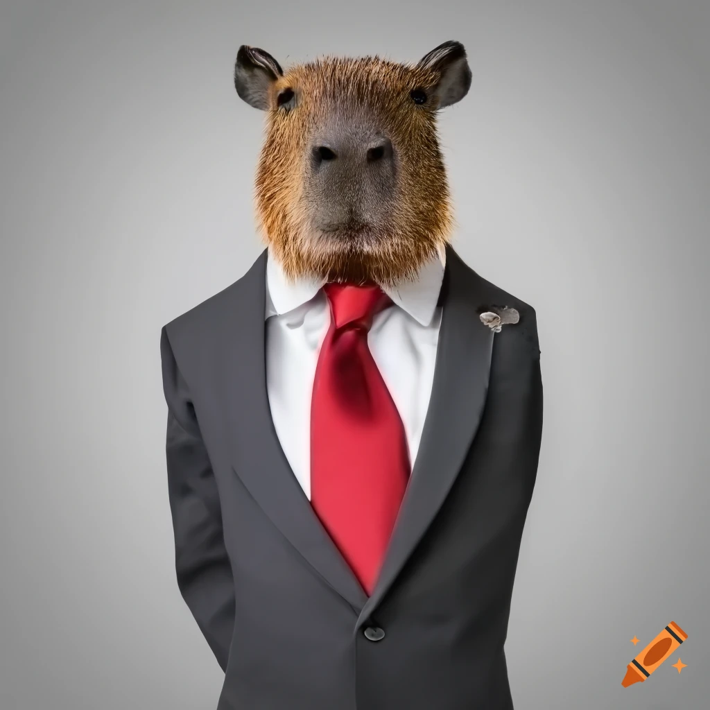 capybara wearing a black suit, white shirt, and red tie