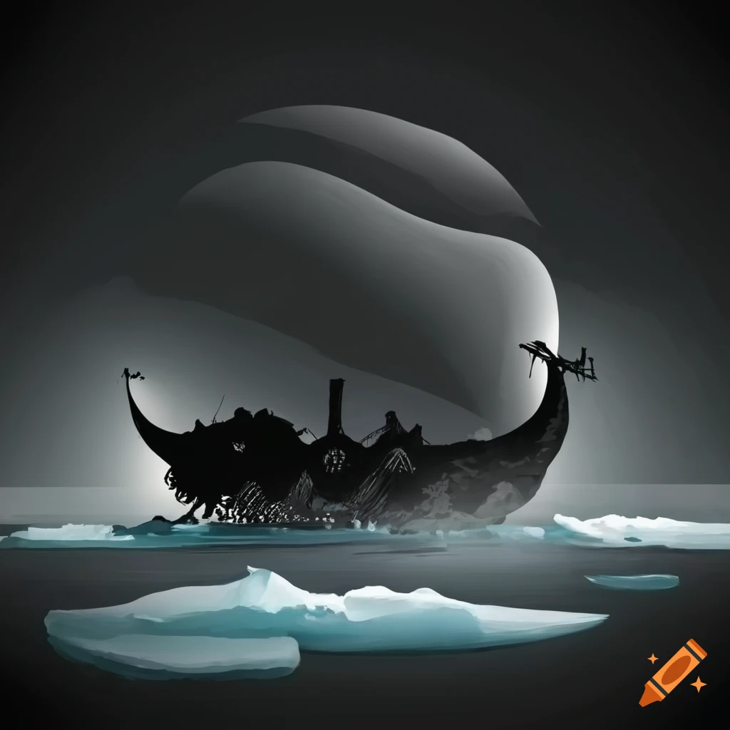 black and white illustration of a viking shipwreck on an island