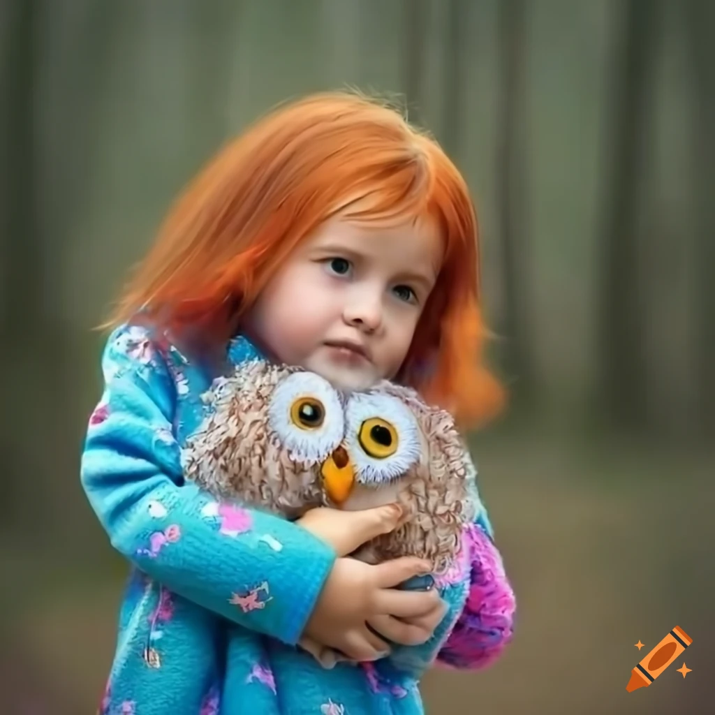red-haired girl with a stuffed owl in a magical forest
