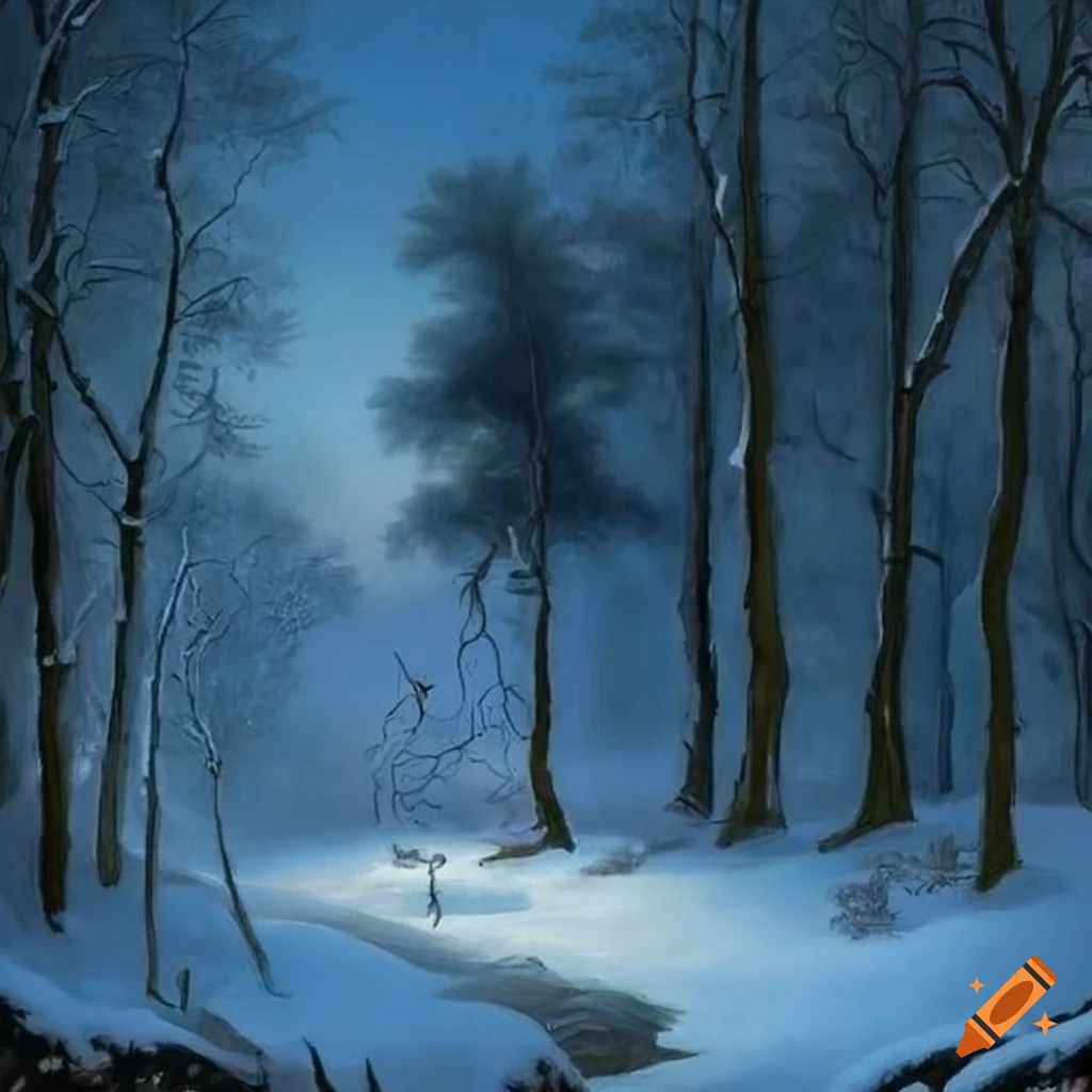 night scene of a winter forest clearing in Fragonard style
