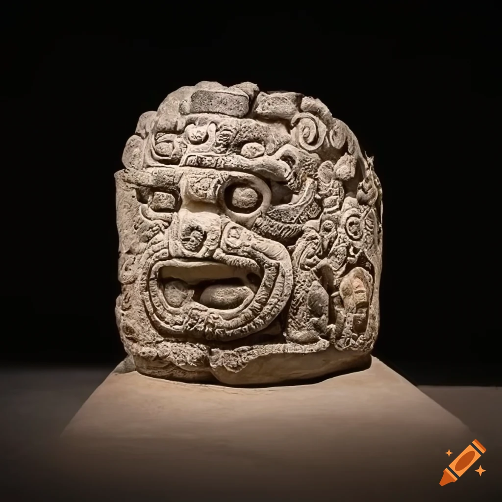 intricate stone carving in Mayan style