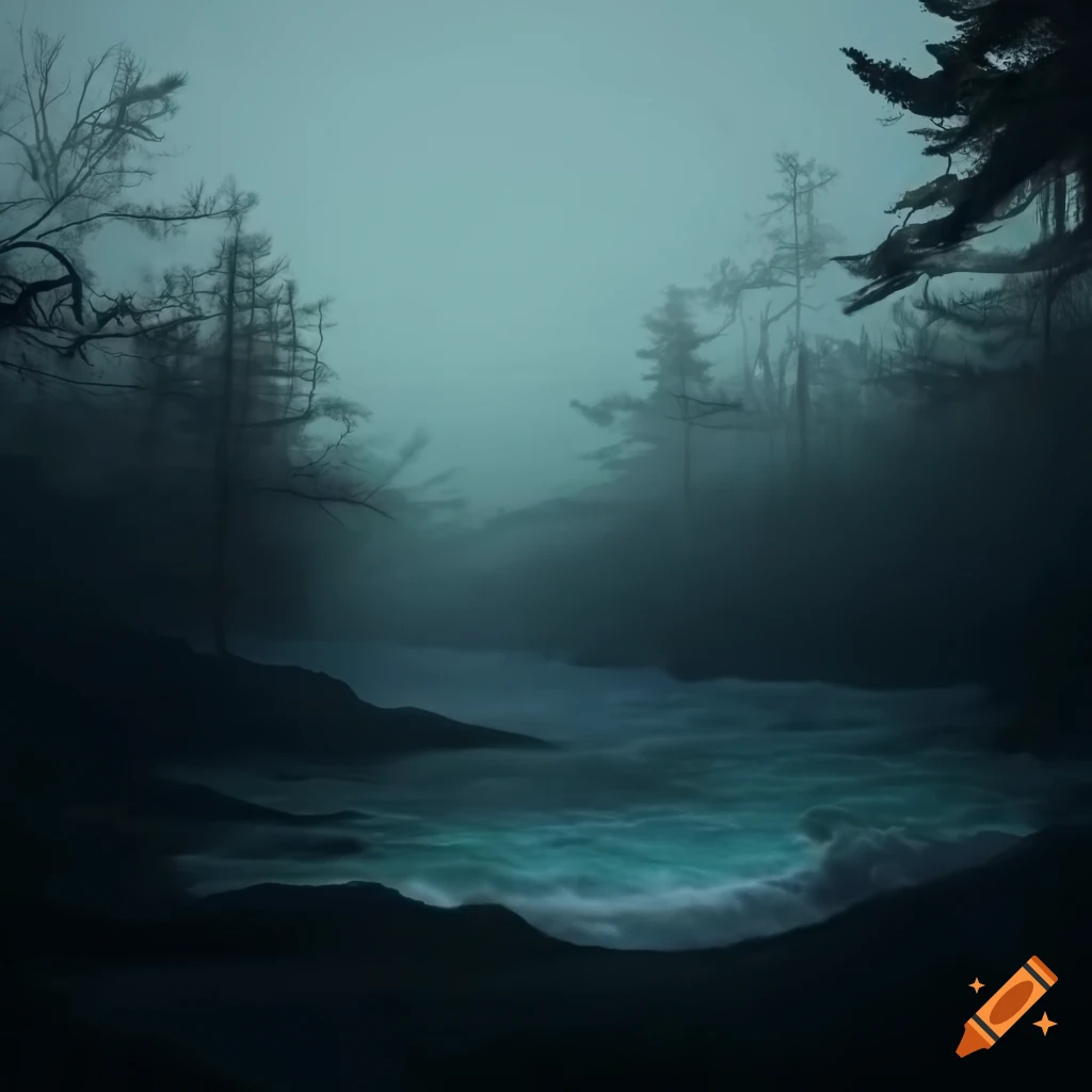 eerie view of sea waves in a forest at dusk