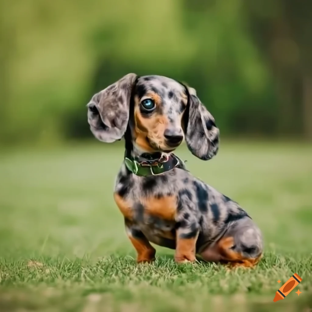 adorable dapple dachshund in a sunny pasture