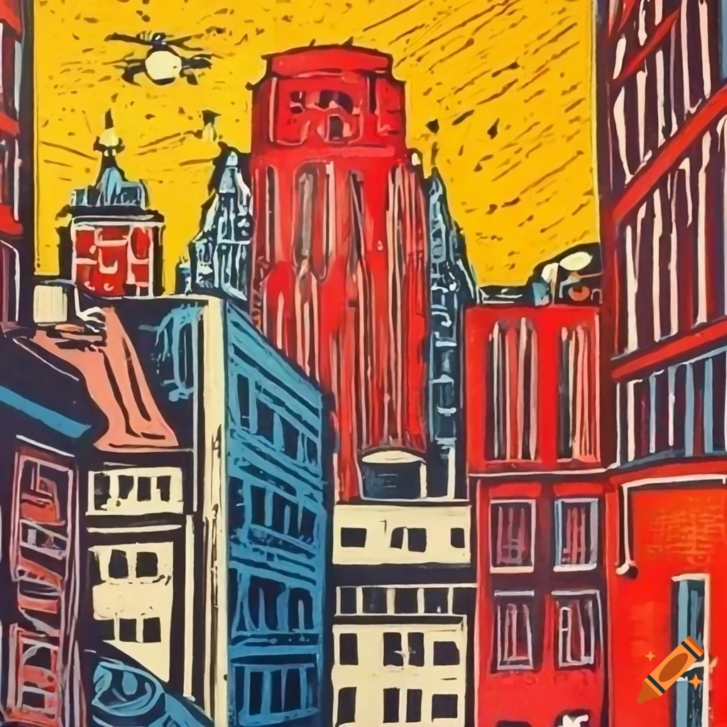 Lino print cityscape with colorful flying machines