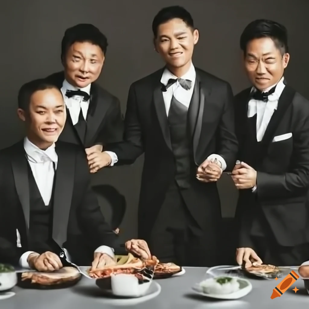 diverse group of people in tuxedos smiling at the camera