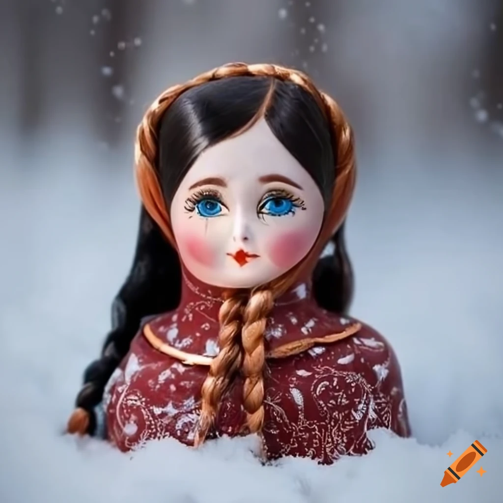 Russian porcelain doll with long braided hair in the snow