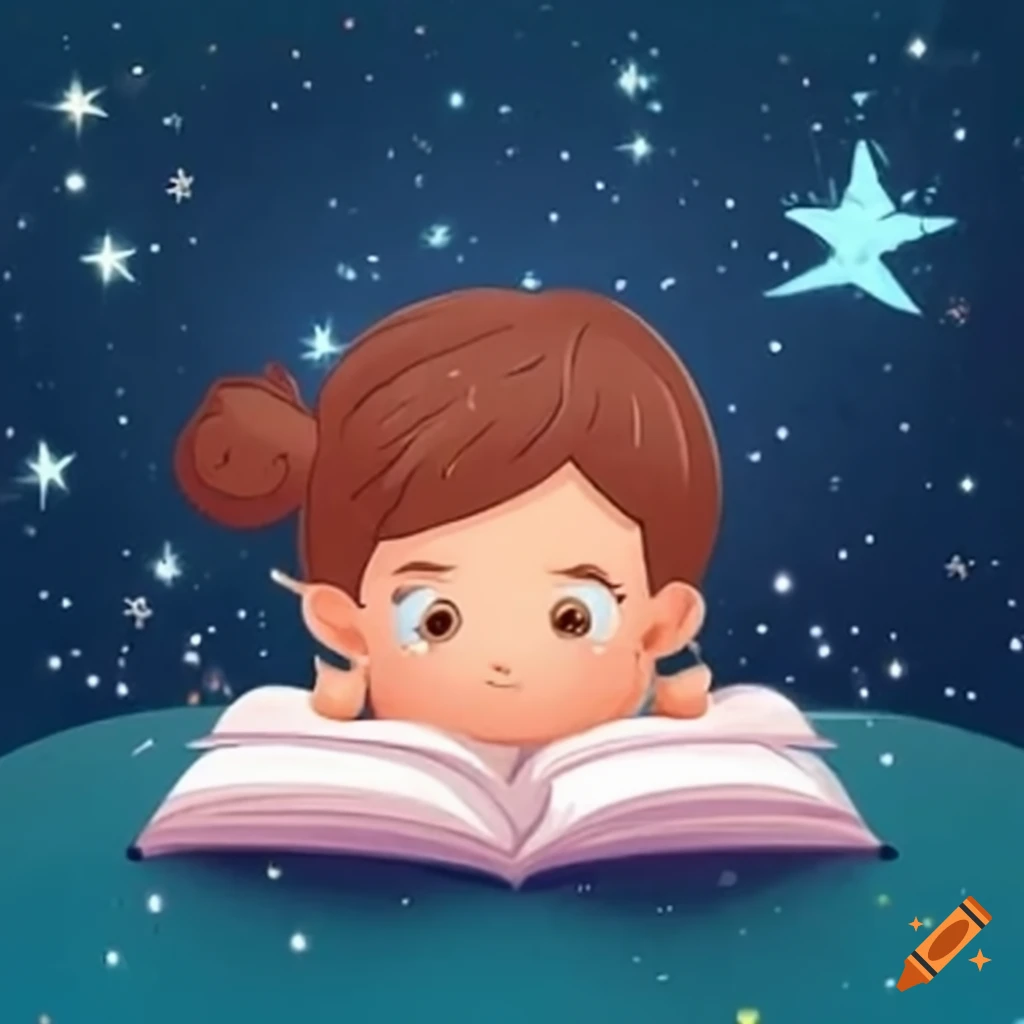 child reading a book surrounded by shining stars