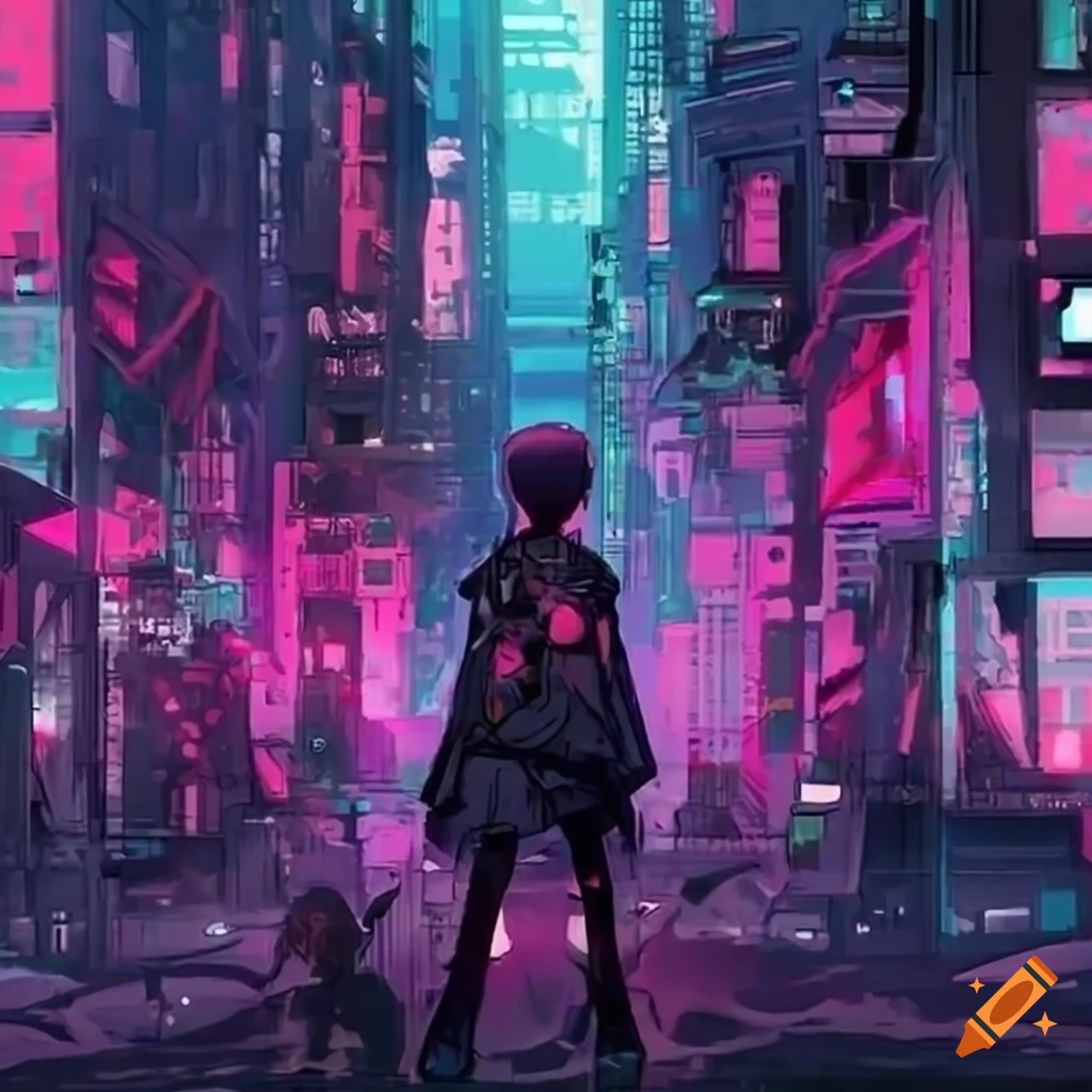 Digital art of an anime guy in a futuristic city