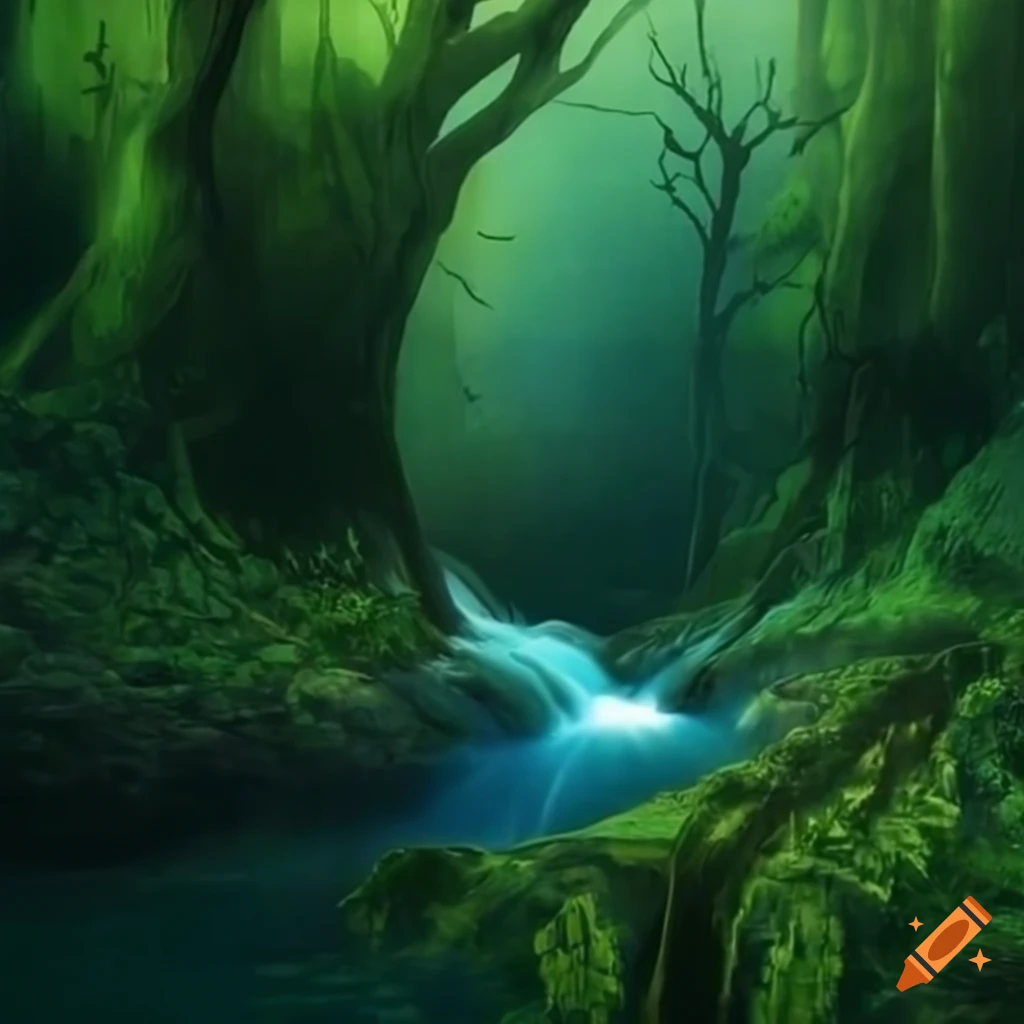 Waterfalls And Rivers In Mystical Green Woods On Craiyon