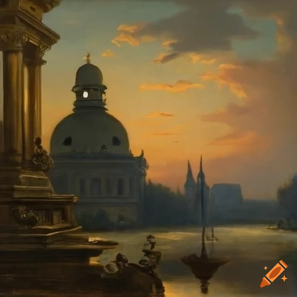Neoclassical landscape painting with a house and fountain on Craiyon