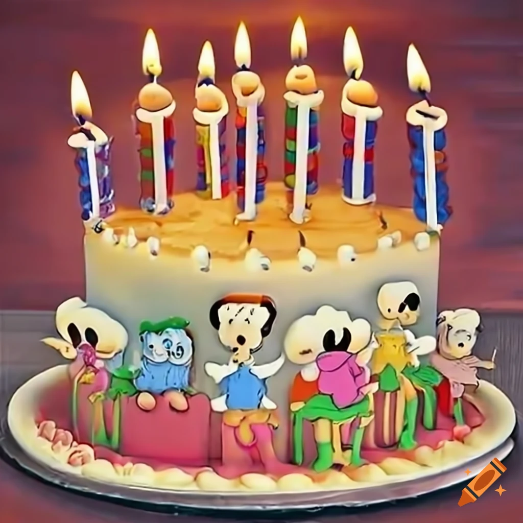 cartoon characters blowing candles on a unique birthday cake