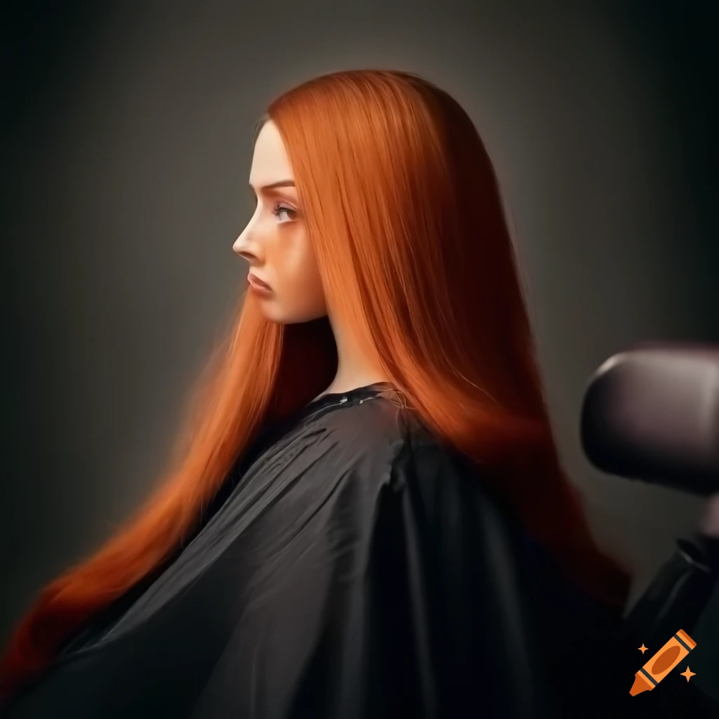 girl with long auburn hair in a barber shop