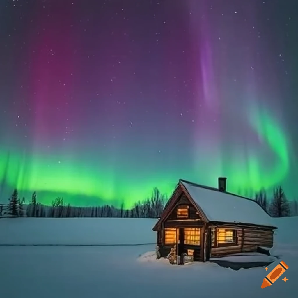 Cozy cabin illuminated by the aurora borealis