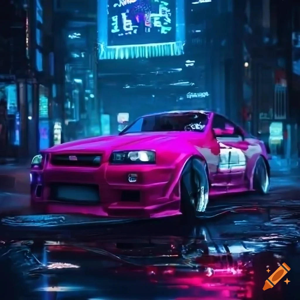 Two Nissan R34 Gtr Parked On A Cyberpunk Street On Craiyon