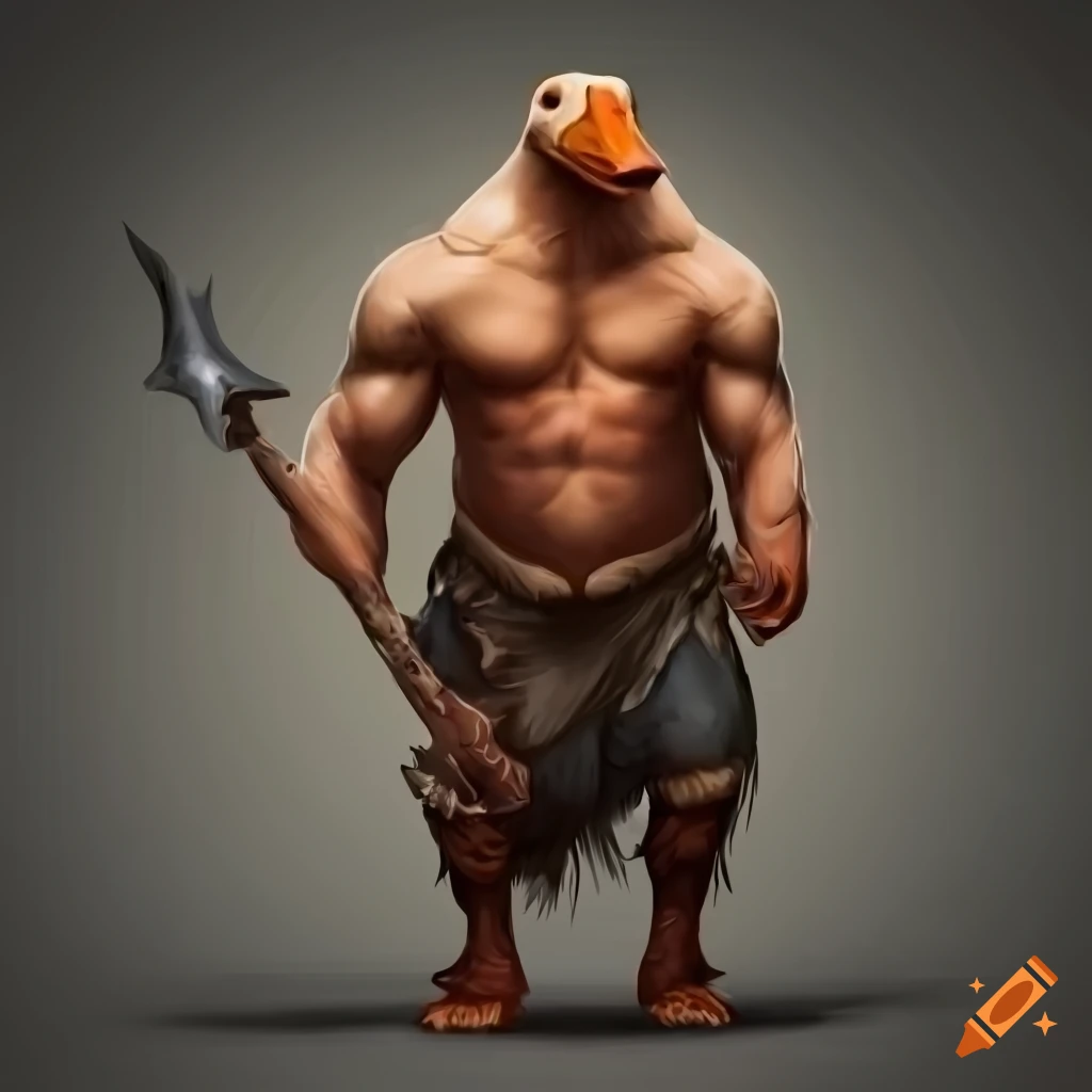 Illustration of a muscular halfman halfgoose with a halberd on Craiyon