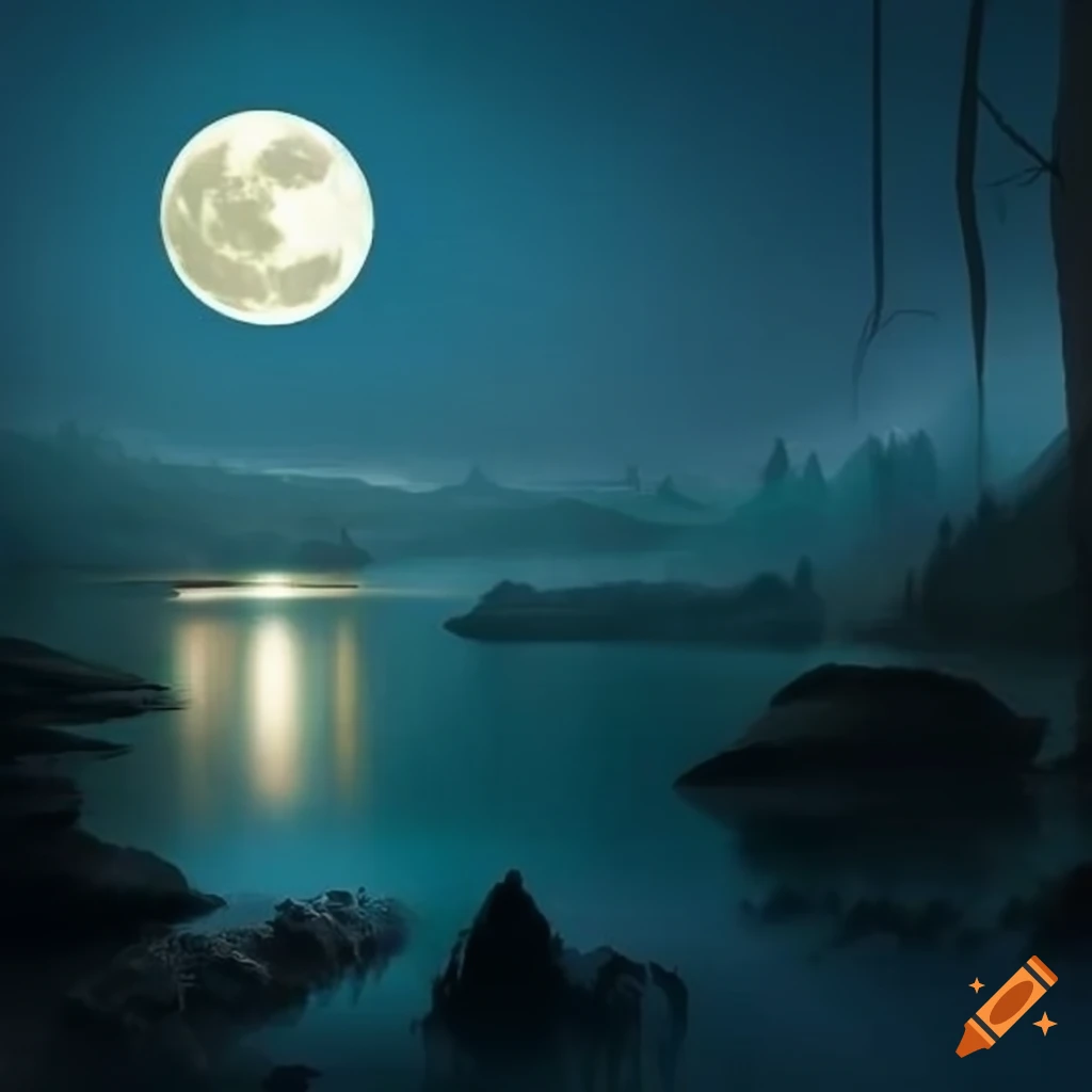 Japanese fantasy landscape with moonlit lake