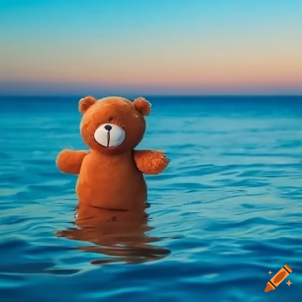 artwork of a floating teddy bear at sunrise