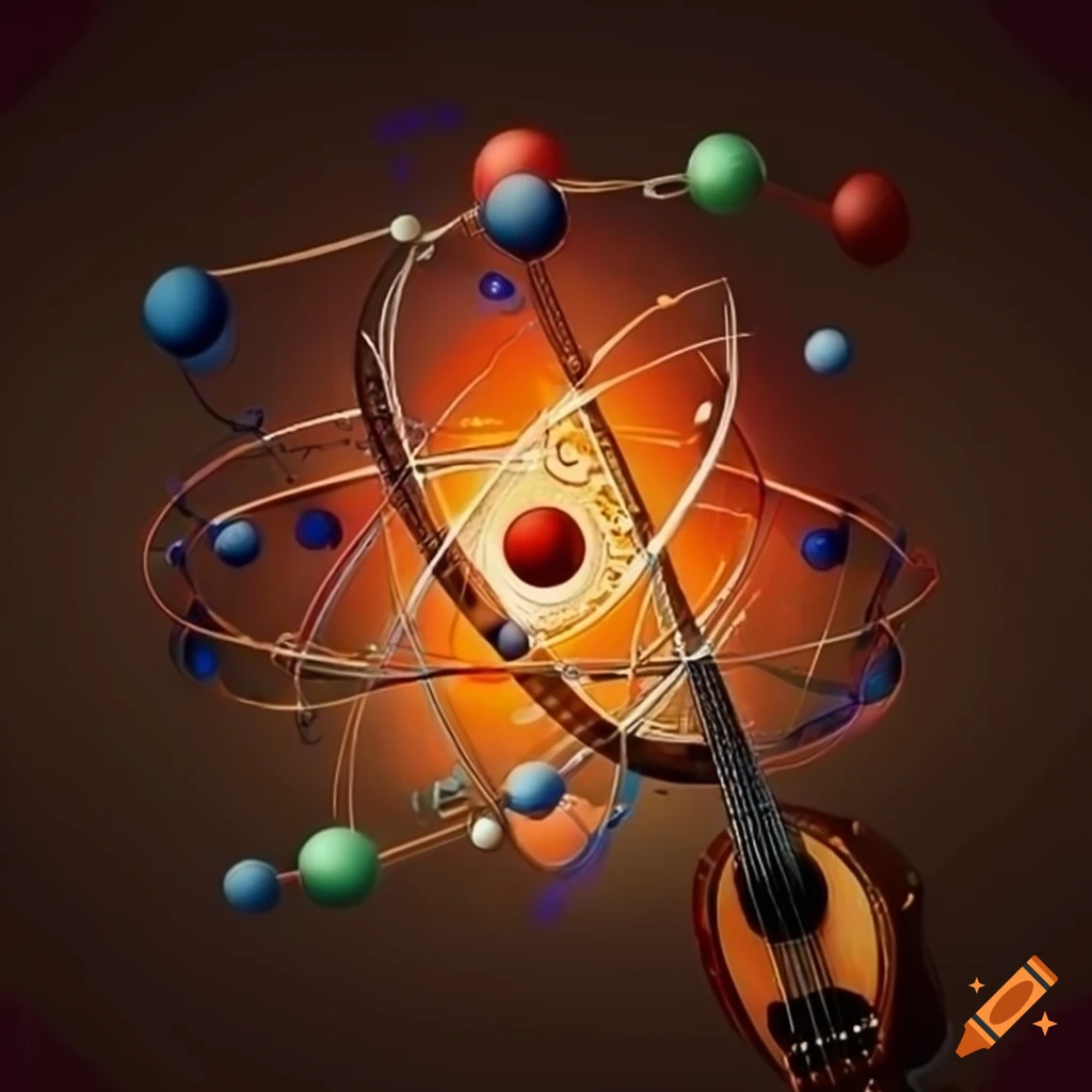 Artistic depiction of an atom surrounded by musical instruments on Craiyon