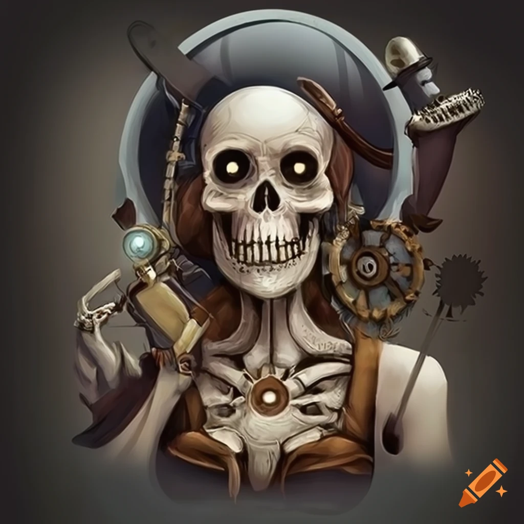 Logo of a spooky steampunk pirate skeleton on Craiyon
