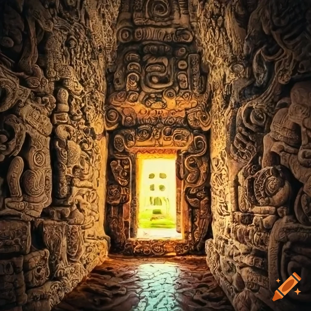 Mayan-style stone room with a goddess shrine