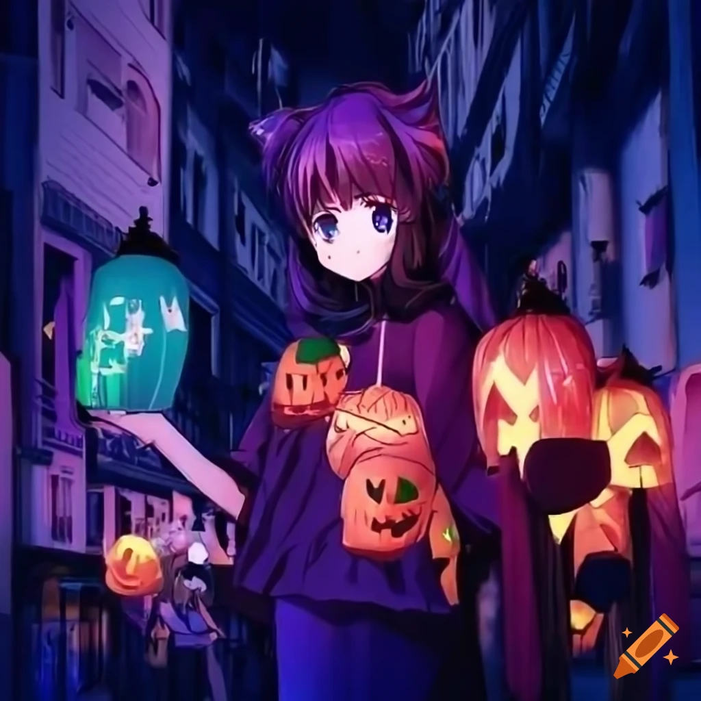 anime-girls-making-halloween-decorations-in-a-crowded-shopping-street