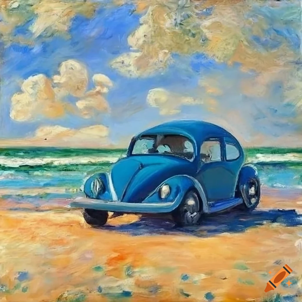 Van gogh style painting of a green volkswagen new beetle on the beach on  Craiyon