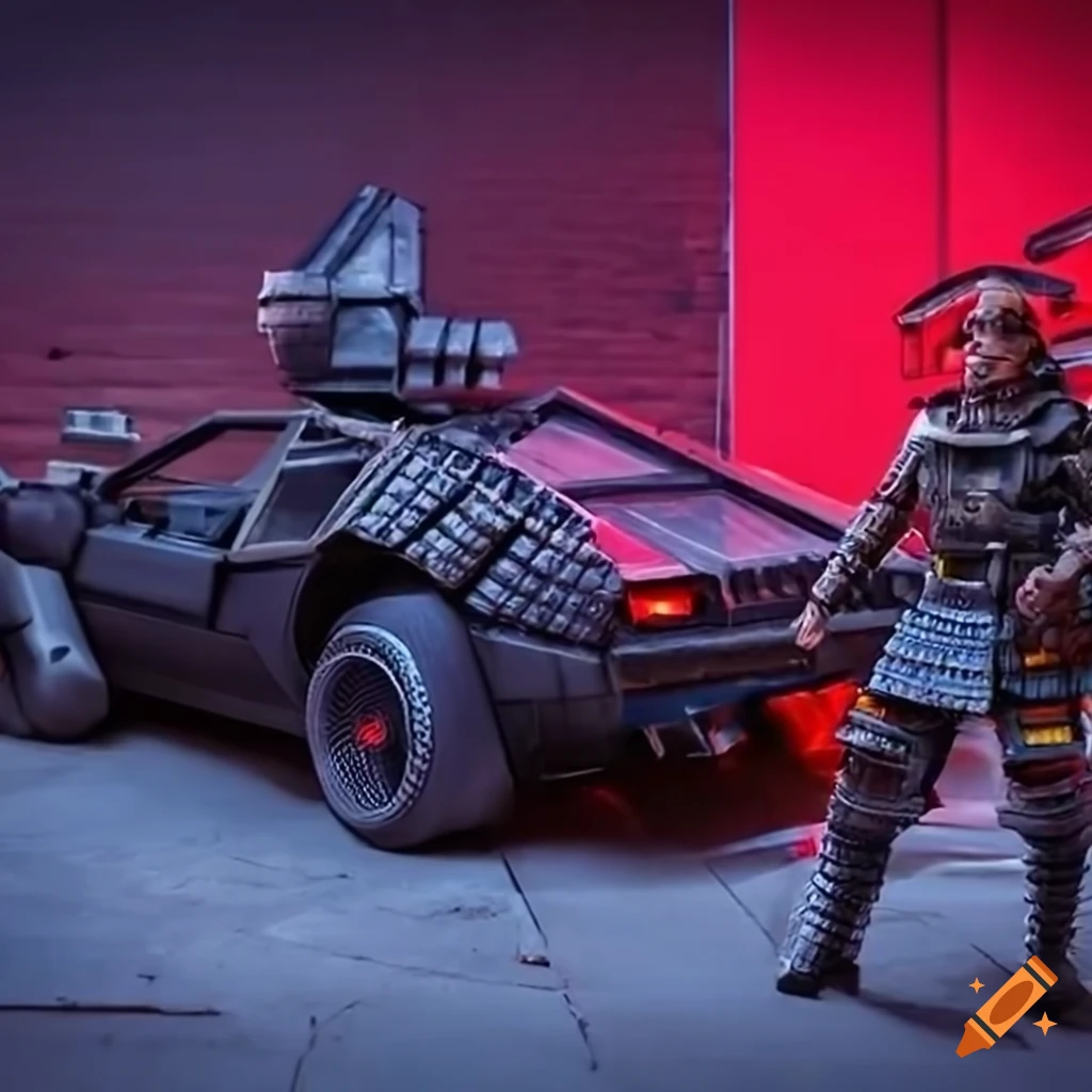 Cyberpunk samurai with futuristic vehicle