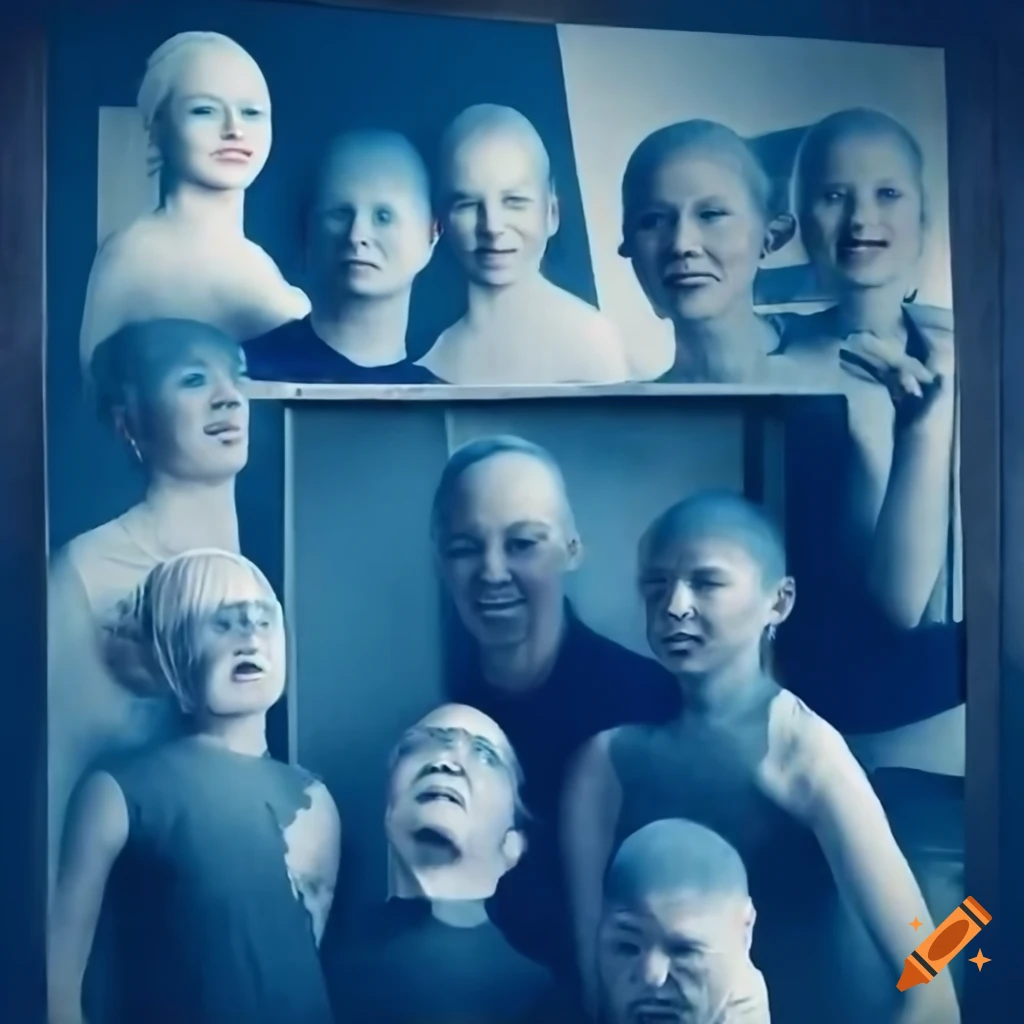 commercial poster featuring five smiling people with wires in cyanotype style