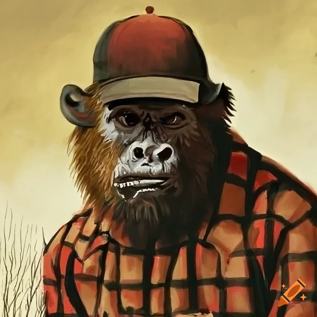 Bigfoot in a buffalo plaid shirt and baseball cap