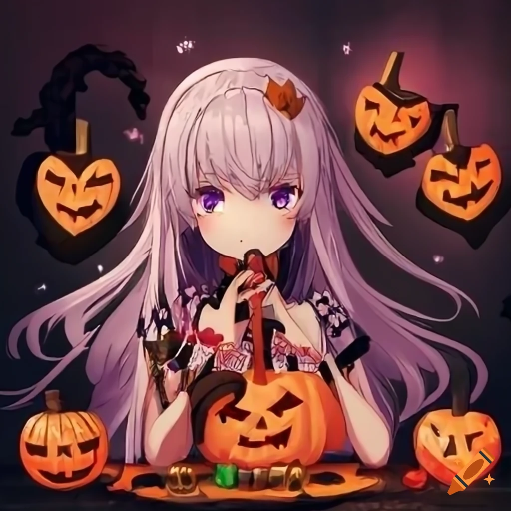 Cute Anime Girl with Pumpkins Halloween Sticker - Free Download
